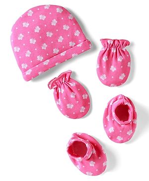 Babyhug 100% Cotton Knit Cap Mittens & Booties With Butterfly Print Pink - Circumference 28 cm
