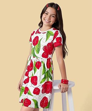 Pine Kids Cotton Knit Half Sleeves Frock With Floral Print - White