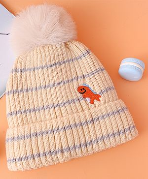 Babyhug Woollen Cap With Dino Embroidery Beige - Diameter 12 cm