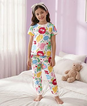 Pine Kids Single Jersey Knit Half Sleeves Co-ords Night Suit with Sea Life Print - White