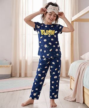 Pine Kids Single Jersey Knit Half Sleeves Co-ords Night Suit with Floral Print - Navy Blue