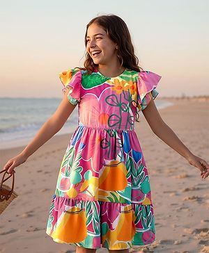 Pine Kids Viscose Woven Flutter Sleeves Frock With Floral Print - Dark Pink & Orange