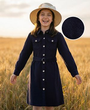 Pine Kids Corduroy Woven Full Sleeves Solid Color Shirt Dress with Belt - Navy Blue