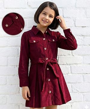 Pine Kids Corduroy Woven Full Sleeves Solid Color Shirt Dress with Belt - Maroon
