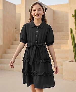Pine Kids Woven Half Sleeves Frock & Belt With Frills - Black
