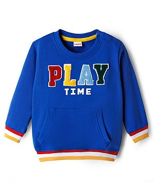 Babyhug Cotton Knit Full Sleeves Sweatshirt With Text Patch & Kangaroo Pockets - Blue