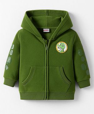 Babyhug Cotton Knit Full Sleeves Hooded Sweatjacket With Dino Patch & Kangaroo Pockets - Green