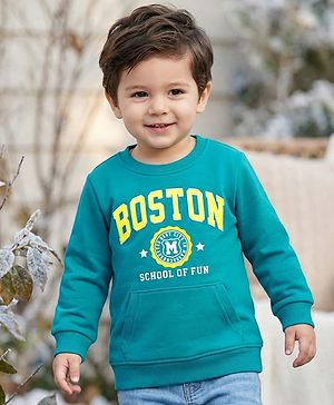Babyhug Cotton Knit Full Sleeves Sweatshirt with Boston Text Graphics & Kangaroo Pockets - Turquoise