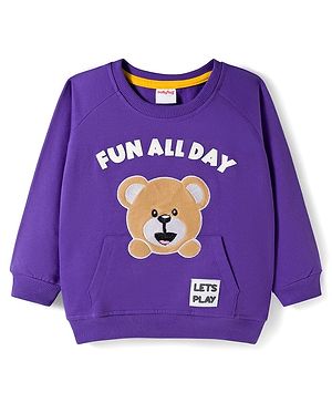 Babyhug Cotton Knit Full Raglan Sleeves Sweatshirt With Teddy Bear Patch & Kangaroo Pockets - Purple