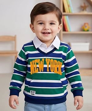 Babyhug Cotton Knit Full Sleeves Striped Sweatshirt With New York Embroidery & Kangaroo Pockets - Multicolor