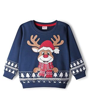 Babyhug Cotton Knit Full Sleeves Sweatshirt With Reindeer Print - Navy Blue