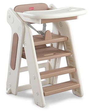 Babyhug Convertible High Chair and Foldable Standing Stool - Brown| Dining Chair| Adjustable Height| Removable Food Tray| Safety Fence| Step Stool| Tool Free Assembly