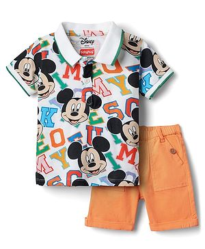 Babyhug Disney Single Jersey Knit Half Sleeves Polo T-Shirt & Woven Shorts Set With Mickey Mouse Graphics - White & Orange
