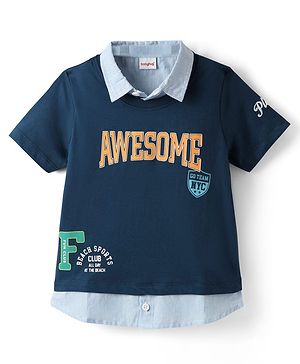 Babyhug 100% Cotton Knit Half Sleeve Overlapping T-Shirt with Mock Collar & Text Print - Navy Blue