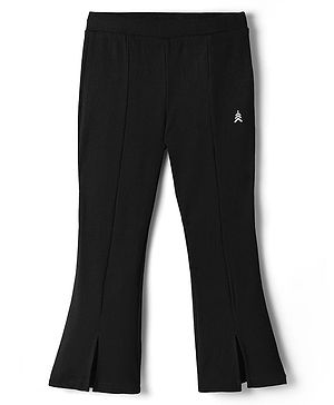 Pine Kids Cotton Knit Full Length Flared Leggings With Logo Print - Black