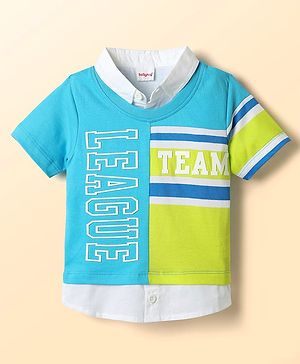 Babyhug 100% Cotton Knit Half Sleeve Cut & Sew Overlapping T-Shirt with Mock Collar & Text Print - Aqua Blue