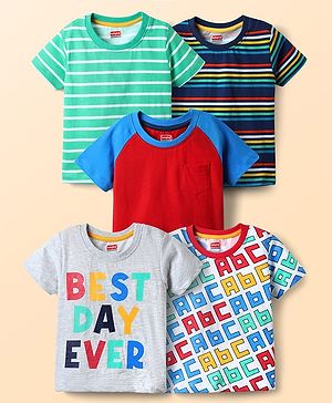 Babyhug 100% Cotton Knit Half Raglan Sleeves T-Shirts with Text Print & Stripes Pack of 5 - Multicolor