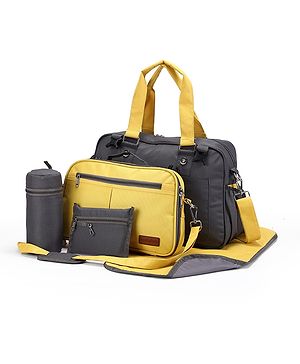 Babyhug Duet Diaper Bag with Diaper Changing Mat and Small Detachable Pouch - Grey Yellow| Set of 3 & Insulated Bottle Pouch|Water Resistant Fabric|Multi-carry Option| Durable Zipper| Easy to Maintain