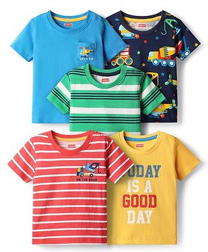 Babyhug 100% Cotton Knit Half Sleeves Striped & Printed T-Shirts Pack of 5 - Multicolor