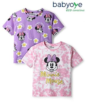 HoneyHap Disney Single Jersey Knit Half Sleeves Oversize Drop Shoulder T-Shirt with Minnie Mouse Graphics Pack of 2 - Pink & Purple