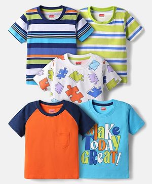 Babyhug 100% Cotton Knit Half Raglan Sleeves Striped T-Shirt with Text Print Pack of 5 - Multicolor