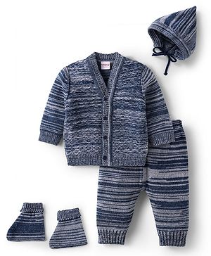 Babyhug Knit Full Sleeves Striped Sweater Set with Cap & Mittens - Navy Blue
