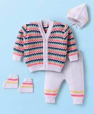 Babyhug Knit Full Sleeves Striped Front Open Sweater Set With Cap & Mittens - Multicolour