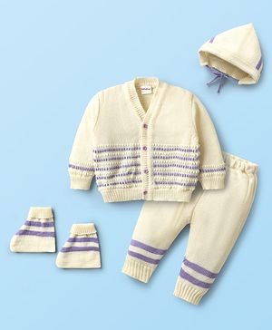 Babyhug Knit Full Sleeves front Open Sweater Set with Cap & Booties - Offwhite