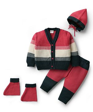 Babyhug Knit Full Sleeves Front Open Sweater Set with Color Block Design Cap with Knot & Booties - Dark Pink White & Black