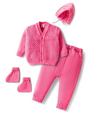 Babyhug Knitted Full Sleeves Front Open Solid Sweater Set With Cap & Mittens - Pink