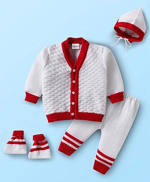 Babyhug Knit Full Sleeves Solid Color Front Open Sweater Set with Cap & Booties - Off White