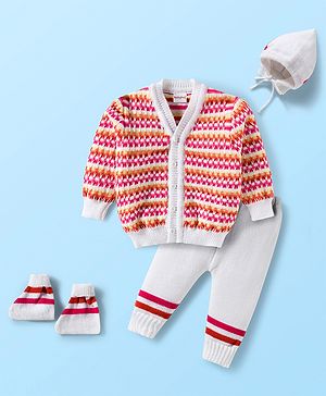 Babyhug Knit Full Sleeves Striped Front Open Sweater Set with Cap & Booties - Multicolor