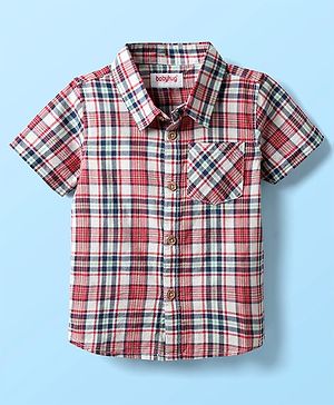 Babyhug 100% Cotton Half Sleeves Checks Shirt With Collar - Red