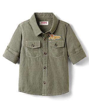 Babyhug Cotton Woven Full Sleeves Checkered Shirt With Text Embriodery - Olive Green