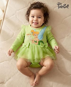 Babyhug Disney Interlock Knit Full Sleeves Frock Onesie with Tinker Bell Print & Bow Applique - Light Green