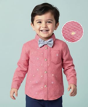 Babyhug Viscose Woven Full Sleeve Checkered Shirt with Bow & Embroidery - Pink