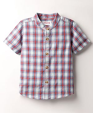 Babyhug 100% Cotton Half Sleeves Checks Shirt With Mandarin Collar - Red