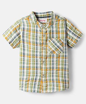 Babyhug Cotton Woven Half Sleeves Mandarin Collar Shirt With Checks Print - Green