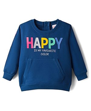 Babyhug Cotton Knit Full Sleeves Sweatshirt With Text Print & Kangaroo Pockets - Navy Blue