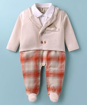 ToffyHouse Interlock Knit Full Sleeves Checks Footed Party Romper - Peach