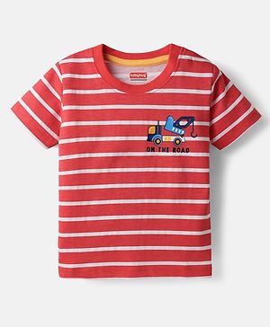 Babyhug 100% Cotton Knit Half Sleeves Striped T-Shirt With Truck Print - Red