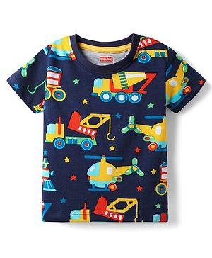 Babyhug 100% Cotton Knit Half Sleeves T-Shirt With Vehicles Print - Navy Blue