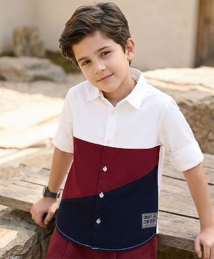 Pine Kids Cotton Woven Full Sleeves Color Block Shirt - White & Red