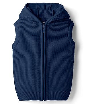 Pine Kids Knit Sleeveless Solid Coloured Front Open Hooded Sweater - Navy Blue