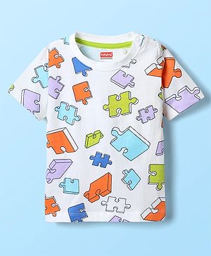 Babyhug 100% Cotton Knit Half Sleeves T-Shirt with Jigsaw Pieces Print - White