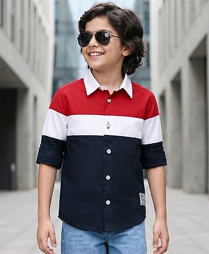 Pine Kids Cotton Woven Full Sleeves Color Block Shirt - Navy Blue & Red