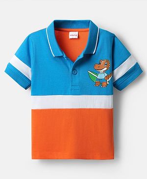 Babyhug 100% Cotton Knit Half Sleeves Cut & Sew Polo T-Shirt with Dino Print - Light Blue