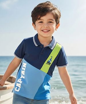 Babyhug 100% Cotton Knit Half Sleeves Cut & Sew Polo T-Shirt with Nautical Theme Print & Embroidery - Light & Navy Blue