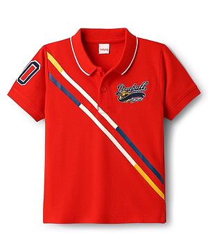Babyhug 100% Cotton Knit Half Sleeves Polo T-Shirt with Baseball Embroidery - Red