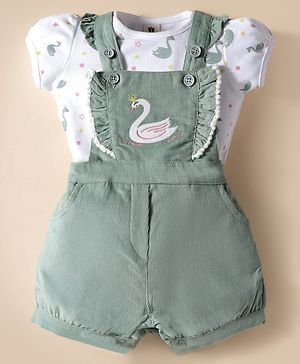 ToffyHouse Corduroy Woven Half Puffed Sleeves Inner Tee with Dungaree Set with Swan Print & Frill Detailing - Sea Green